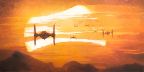 Artwork depicting TIE fighters from Star Wars series against a sunset backdrop.