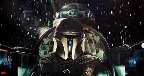 The mandalorian art piece depicting the mandalorian and grogu in their spacecraft with a dark star speckled background