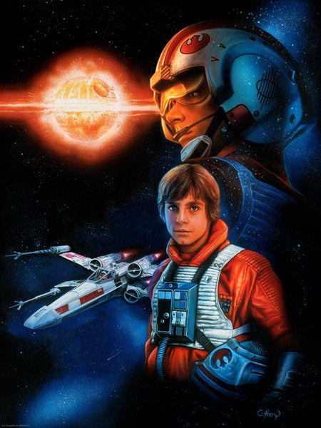 artwork lithograph featuring the exploding death star Luke skywalker and his tie fighter.