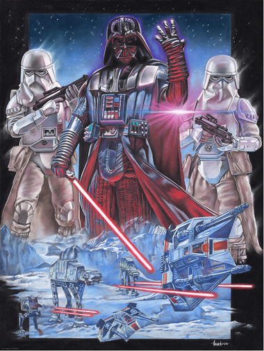Art depicting the Battle on Hoth with stormtroopers and Darth Vader looking on