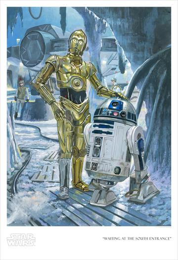 A piece of artwork featuring C-3PO and R2D2 from Star Wars: The Empire Strikes Back, titled 'Waiting at the South Entrance'.