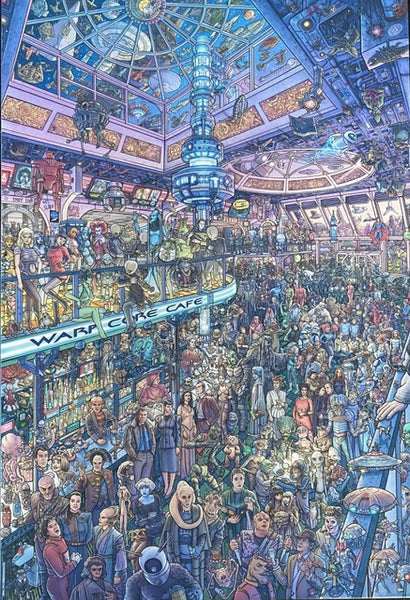 art piece featuring characters in the warp core cafe from the sci fi world including doctor who, c3po, jabba