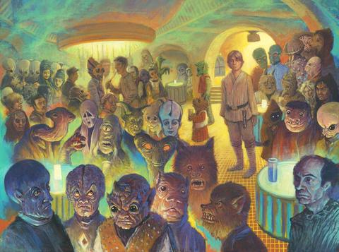 Cantina on Mos Eisley with aliens looking forward and Luke Skywalker in the background