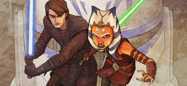 Anakin Skywalker and Ahsoka Tano holding lightsabers with a stormtrooper helmet background