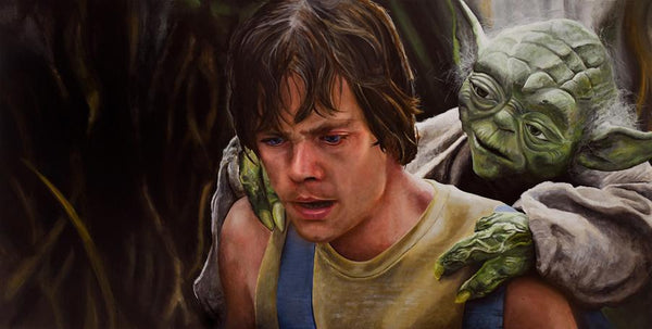 Yoda sitting on luke skywalker's back in the bog