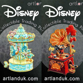 two disney pins on black backing cards. the first is a musical carousel in pastel colours. daisy duck is riding one of the horses on the carousel. donald duck has a bouquet of flowers. the second is a gramophone design in reds and oranges. mickey mouse is playing the trombone in top. pluto is lying down on the ground with a cheerful expression.