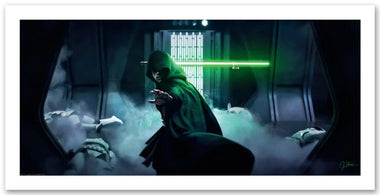 a star wars the mandalorian inspired art piece. a cloaked figure stands in a corridor holding a green light saber surrounded by smoke and fallen storm troopers.