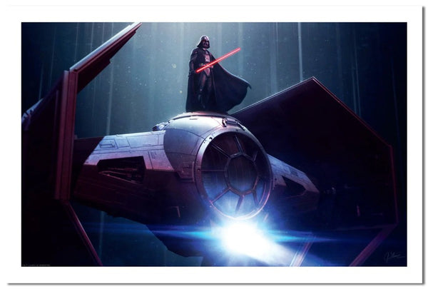 darth vader is stood on the roof of a tie fighter. he is holding a light saber.