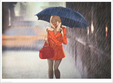 an art piece of a blonde woman in a red coat walking down the street. she is holding a blue umbrella and it is heavily raining.