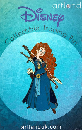 a disney pin on a turquoise backing card. the pin is a full body image of merida in a blue dress and cloak, with a bow and sword.