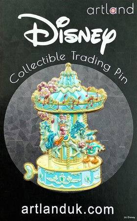 a disney pin shaped like a carousel in pastel colours. daisy duck is riding one of the horses on the carousel. donald duck has a bouquet of flowers.