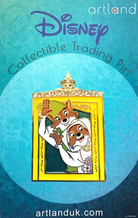 a disney robin hood pin on a turquoise backing card. this pin features the scene where robin hood and maid marion are just married and are waving goodbye out the window of their carriage.