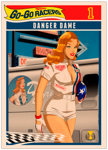 a comic book cover style art piece. a stuntwoman is depicted on the front wearing a white jumpsuit and is holding a helmet under her arm.