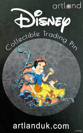 a disney pin of snow white on a black backing card. snow white is surrounded by a filigree floral design.