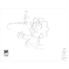 a pencil drawing of maggie simpson holding her hand out and smiling.