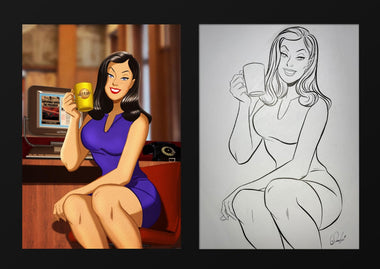 Lois Lane art piece divided into two sections. The left section is Lois Lane at her desk at the Daily Planet. the right section is the original drawing of the colour section.