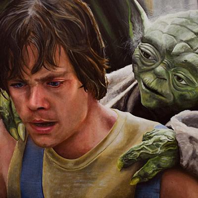 Yoda sitting on luke skywalker's back in the bog